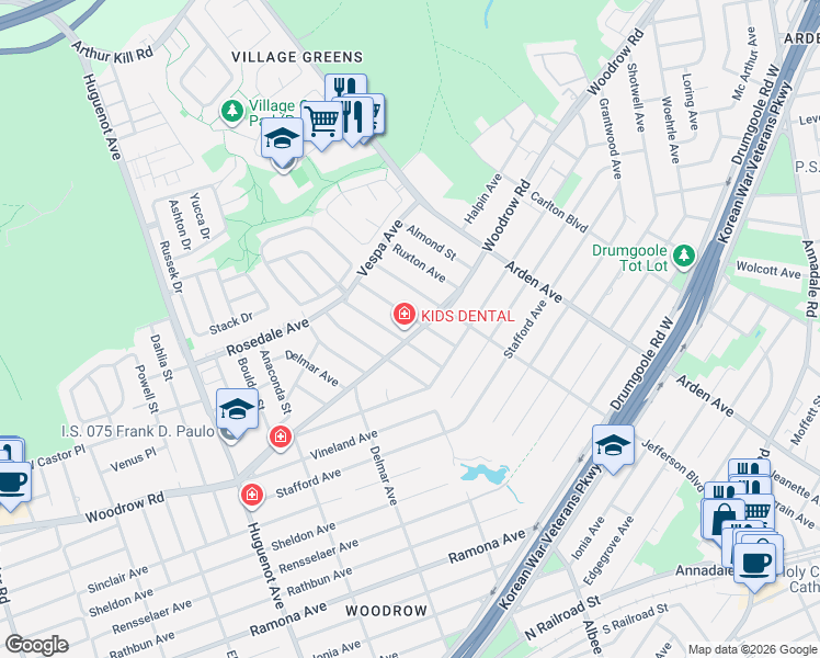 map of restaurants, bars, coffee shops, grocery stores, and more near 717 Woodrow Road in Staten Island