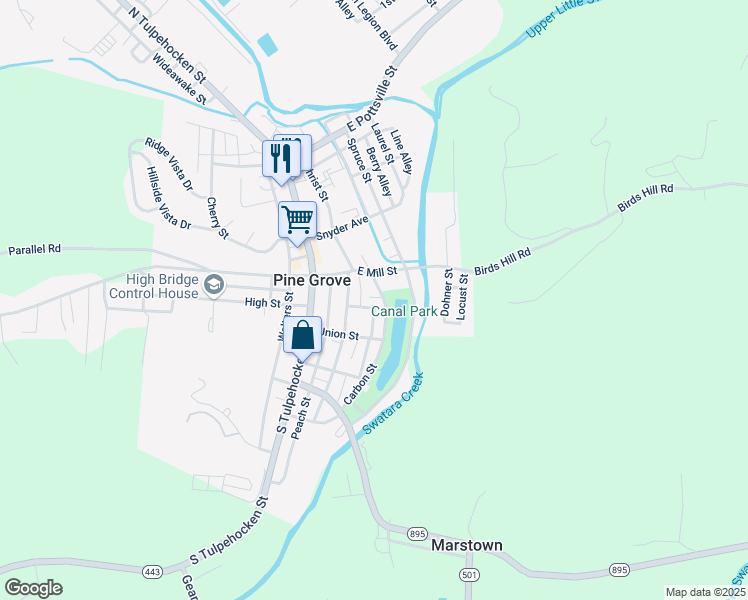 map of restaurants, bars, coffee shops, grocery stores, and more near 26 Carbon Street in Pine Grove