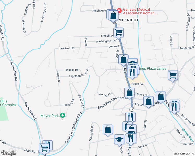 map of restaurants, bars, coffee shops, grocery stores, and more near 211 Highland Pines Drive in Pittsburgh