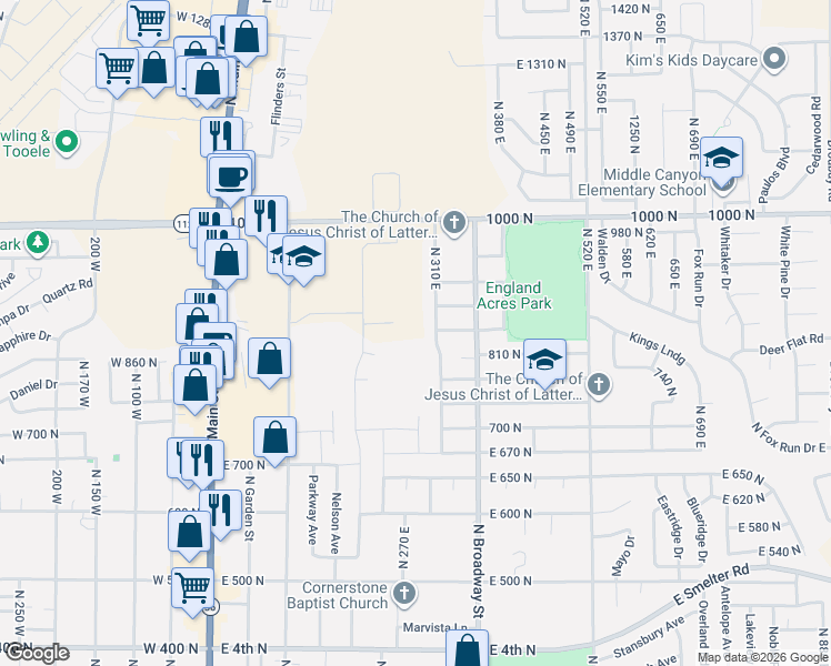 map of restaurants, bars, coffee shops, grocery stores, and more near 832 North 250 West in Tooele