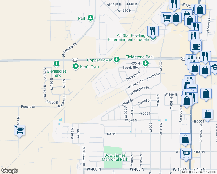 map of restaurants, bars, coffee shops, grocery stores, and more near 851 Galena Drive in Tooele