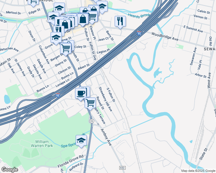 map of restaurants, bars, coffee shops, grocery stores, and more near 170 South Fulton Street in Woodbridge Township