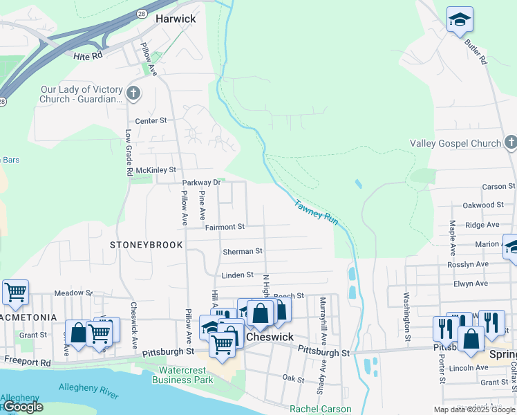 map of restaurants, bars, coffee shops, grocery stores, and more near 605 N Highland Ave in Cheswick