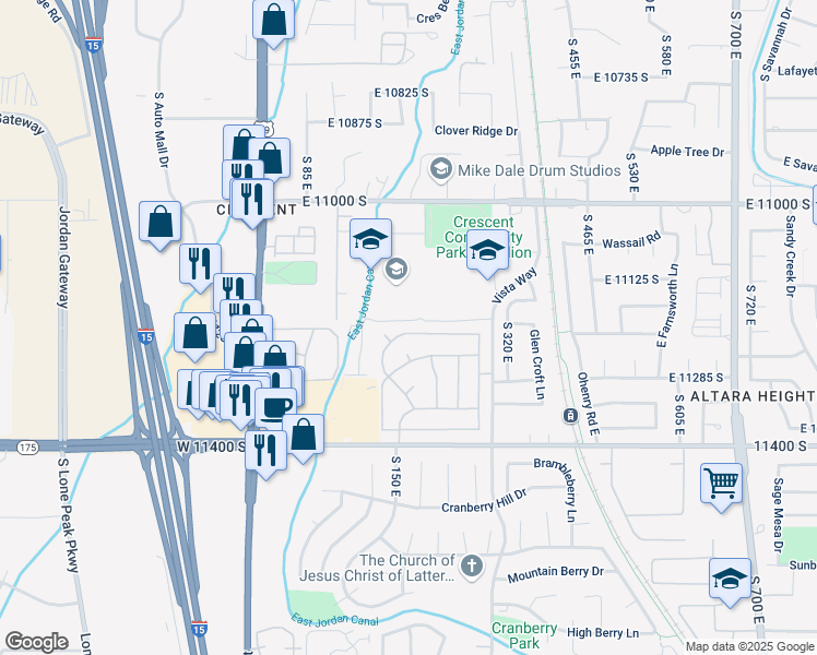 map of restaurants, bars, coffee shops, grocery stores, and more near 209 East Jordan View Drive in Sandy