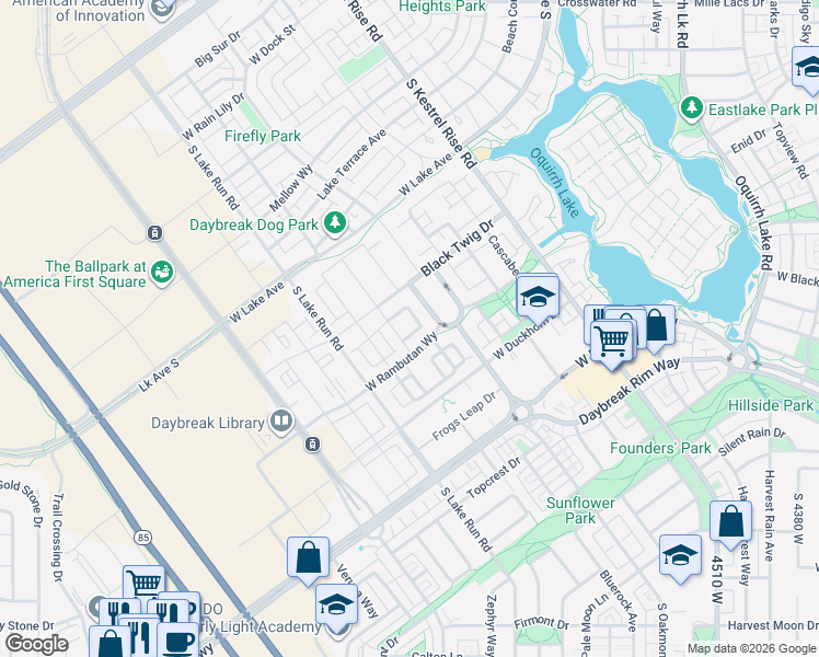 map of restaurants, bars, coffee shops, grocery stores, and more near 11199 Kiwano Way in South Jordan