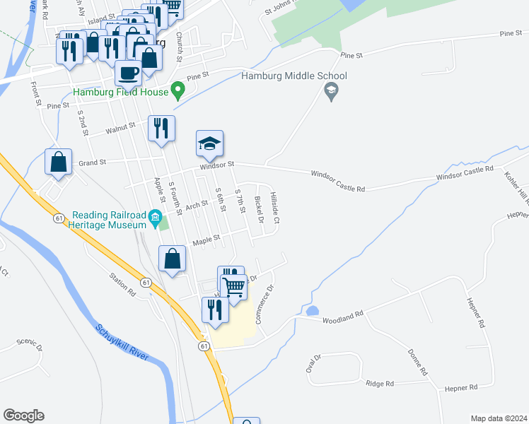 map of restaurants, bars, coffee shops, grocery stores, and more near 511 Bickel Dr in Hamburg