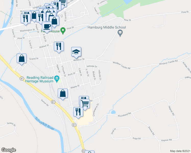 map of restaurants, bars, coffee shops, grocery stores, and more near 511 Bickel Dr in Hamburg