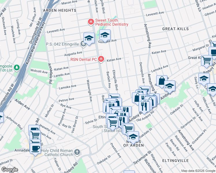 map of restaurants, bars, coffee shops, grocery stores, and more near 21 Bartlett Avenue in Staten Island