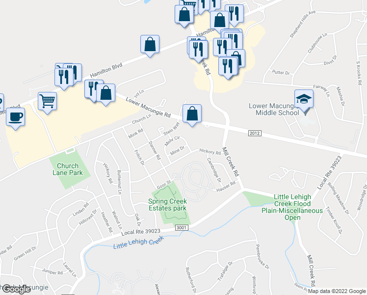 map of restaurants, bars, coffee shops, grocery stores, and more near 6609 Mine Drive in Macungie
