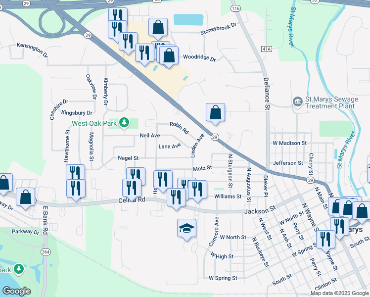 map of restaurants, bars, coffee shops, grocery stores, and more near 1103 Neil Avenue in Saint Marys