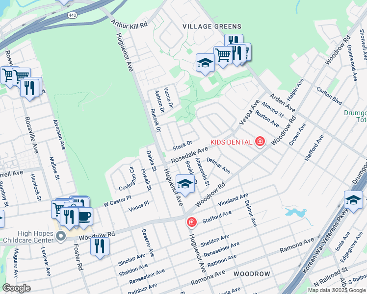 map of restaurants, bars, coffee shops, grocery stores, and more near 59A Stack Drive in Staten Island