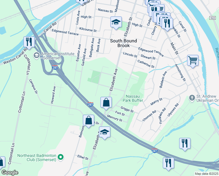 map of restaurants, bars, coffee shops, grocery stores, and more near 320 Elizabeth Avenue in Franklin Township