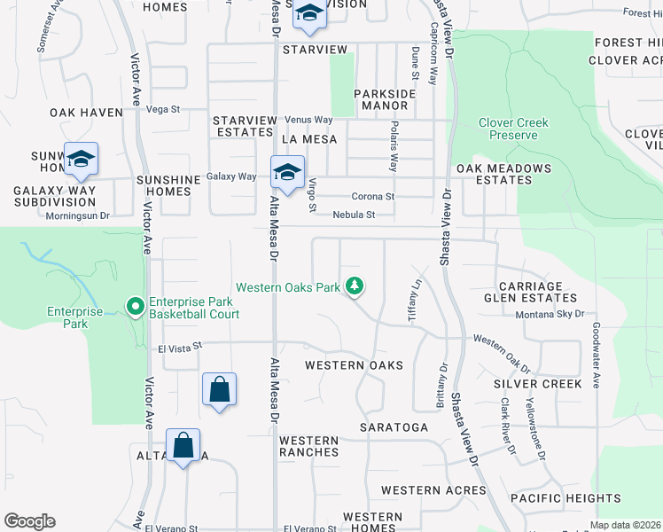 map of restaurants, bars, coffee shops, grocery stores, and more near 2162 Western Oak Drive in Redding