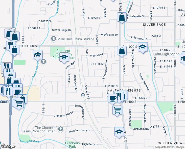 map of restaurants, bars, coffee shops, grocery stores, and more near 11202 South Sharons Lane in Sandy