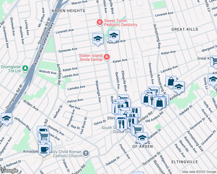 map of restaurants, bars, coffee shops, grocery stores, and more near 11 Serrell Avenue in Staten Island
