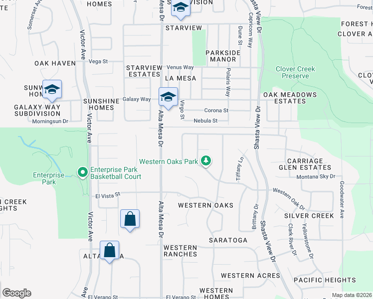 map of restaurants, bars, coffee shops, grocery stores, and more near 2162 Western Oak Drive in Redding