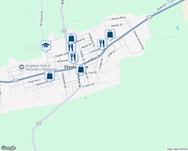 map of restaurants, bars, coffee shops, grocery stores, and more near 68 North Moore Street in Elizabethville