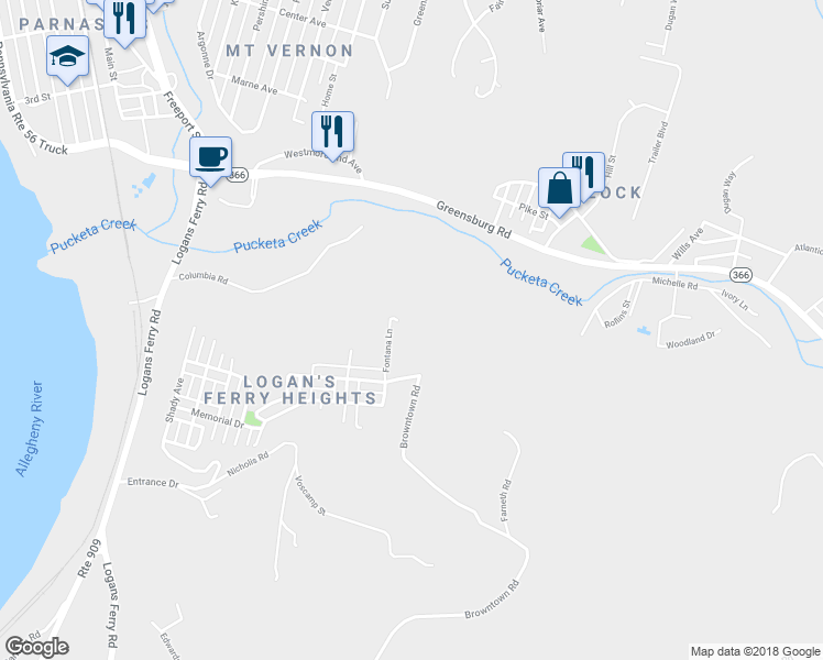map of restaurants, bars, coffee shops, grocery stores, and more near 201 Strong Hill Road in New Kensington