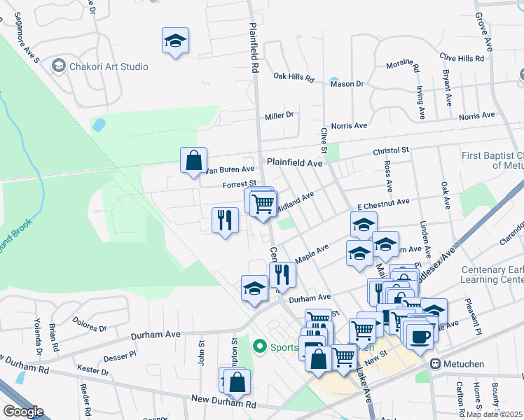 map of restaurants, bars, coffee shops, grocery stores, and more near 18 Aylin Street in Metuchen