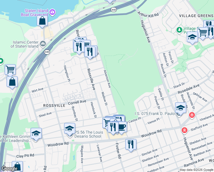 map of restaurants, bars, coffee shops, grocery stores, and more near 302 Alverson Ave in Staten Island