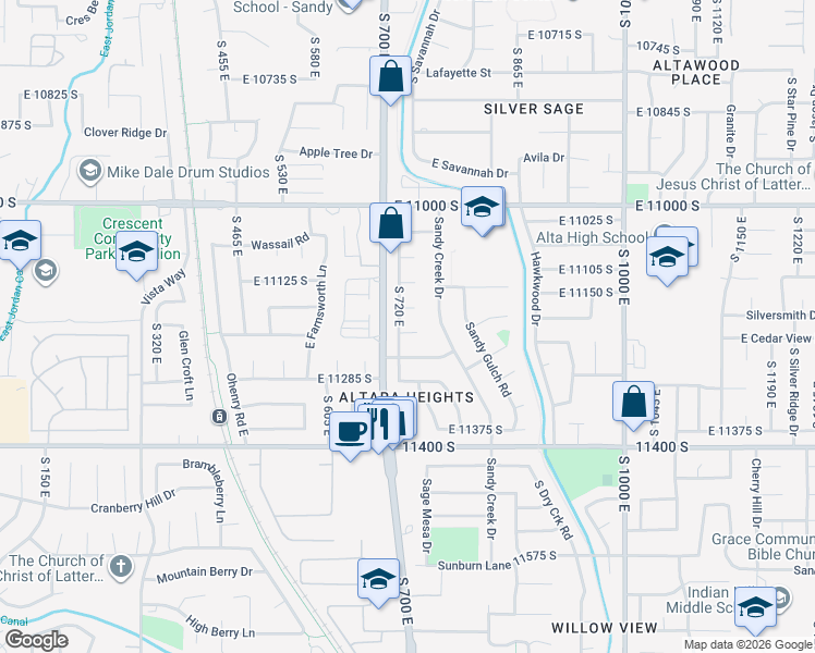 map of restaurants, bars, coffee shops, grocery stores, and more near 729 Altara Circle in Sandy
