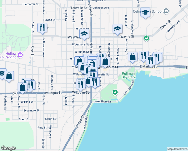 map of restaurants, bars, coffee shops, grocery stores, and more near 150 East Fayette Street in Celina