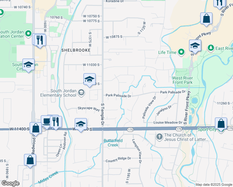 map of restaurants, bars, coffee shops, grocery stores, and more near 1242 Park Palisade Drive in South Jordan