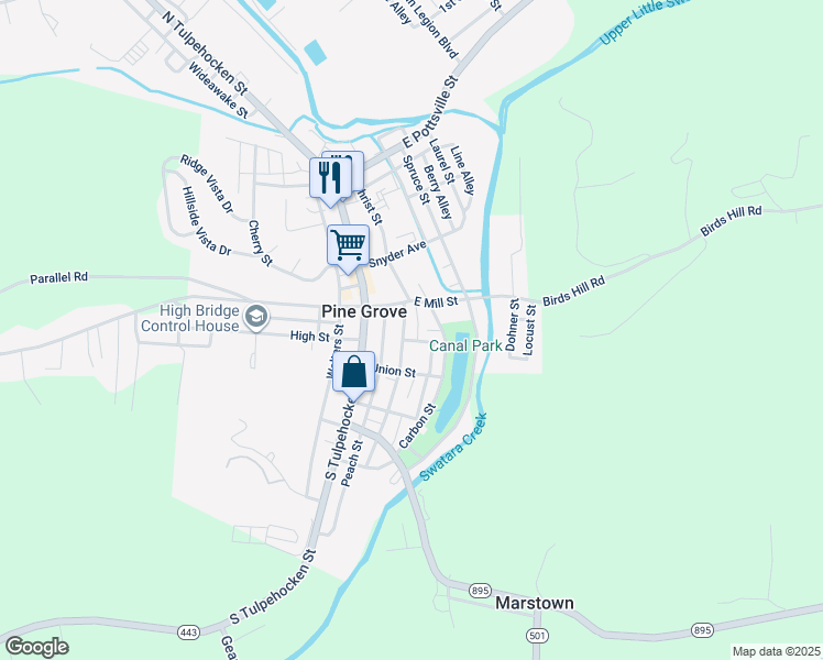 map of restaurants, bars, coffee shops, grocery stores, and more near 23 Mifflin Street in Pine Grove