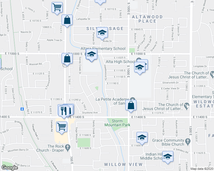 map of restaurants, bars, coffee shops, grocery stores, and more near 11199 Hawkwood Drive in Sandy