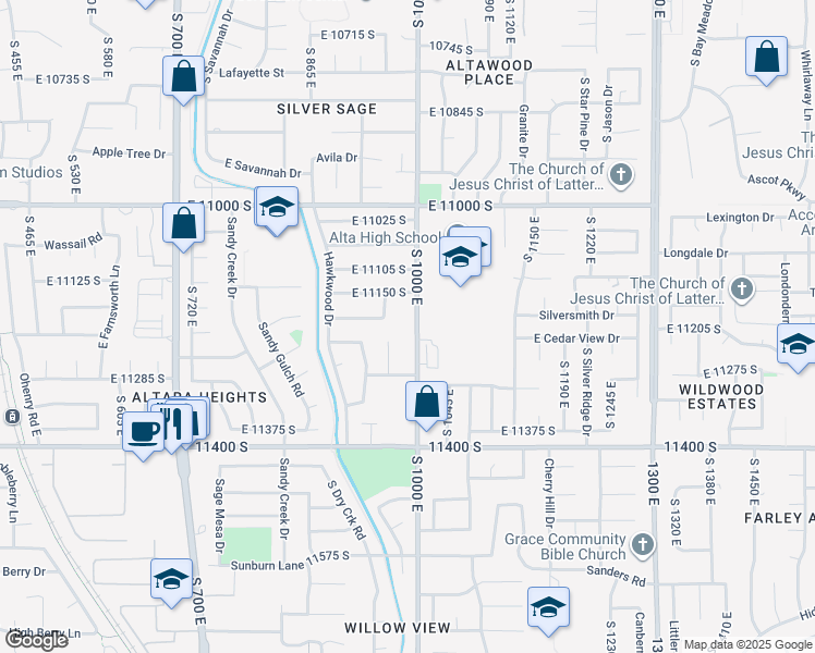 map of restaurants, bars, coffee shops, grocery stores, and more near 11202 South 1000 East in Sandy