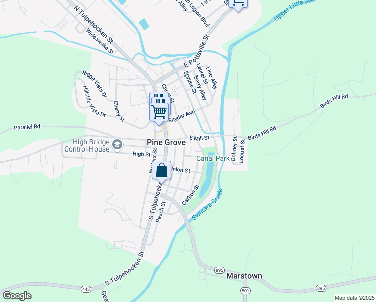 map of restaurants, bars, coffee shops, grocery stores, and more near 23 Mifflin Street in Pine Grove