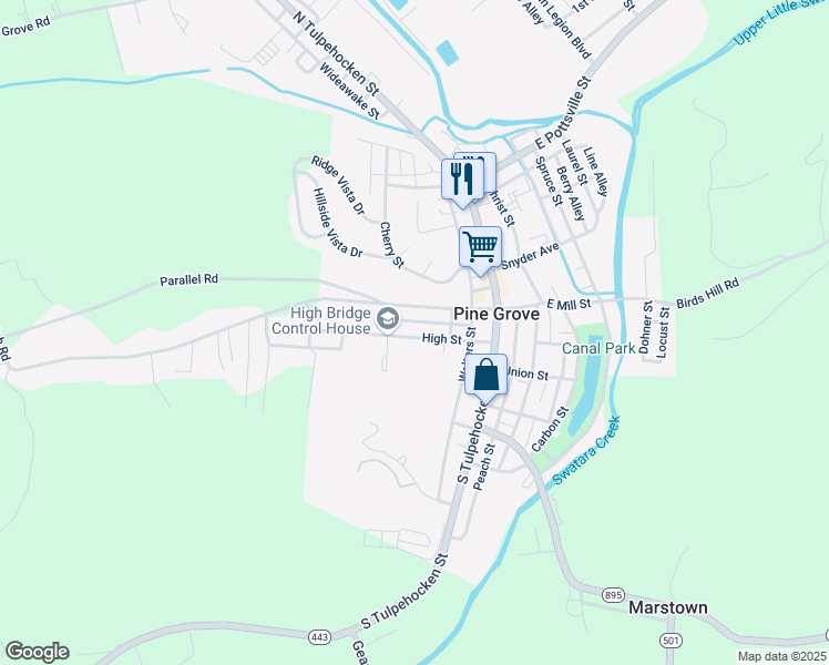 map of restaurants, bars, coffee shops, grocery stores, and more near 78 High Street in Pine Grove