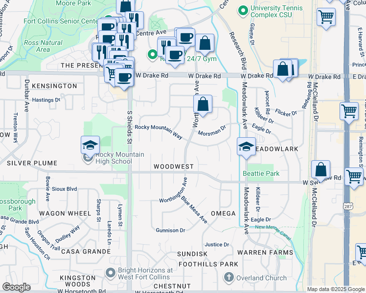 map of restaurants, bars, coffee shops, grocery stores, and more near 2913 Worthington Avenue in Fort Collins