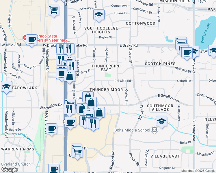 map of restaurants, bars, coffee shops, grocery stores, and more near 2912 Stanford Road in Fort Collins