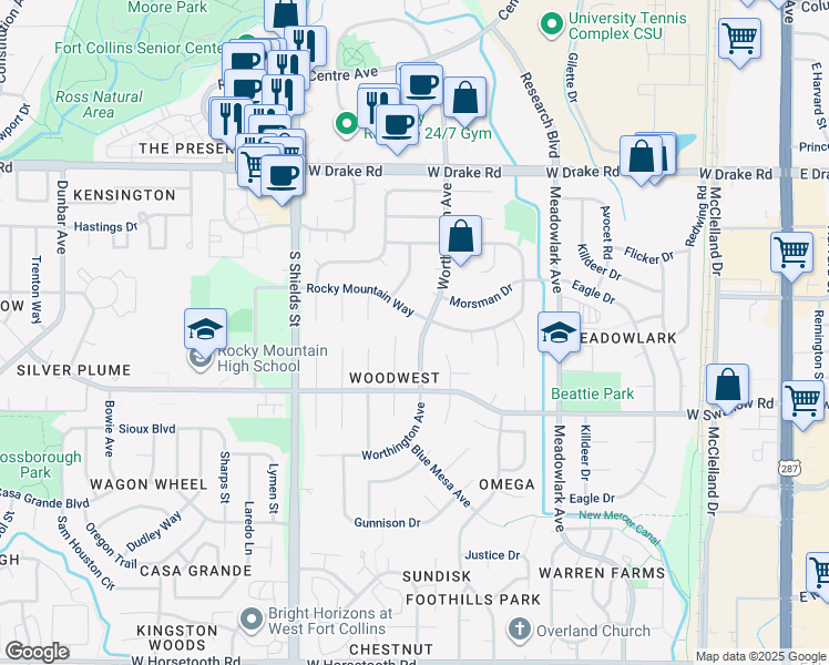 map of restaurants, bars, coffee shops, grocery stores, and more near 2913 Worthington Avenue in Fort Collins