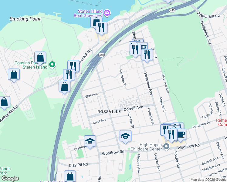 map of restaurants, bars, coffee shops, grocery stores, and more near 8 Redwood Loop in Staten Island