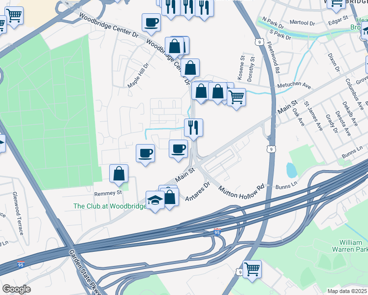 map of restaurants, bars, coffee shops, grocery stores, and more near 1515 Plaza Drive in Woodbridge Township
