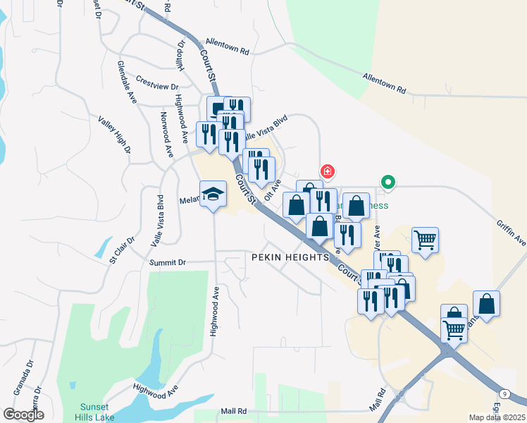 map of restaurants, bars, coffee shops, grocery stores, and more near 3090 Illinois 9 in Pekin
