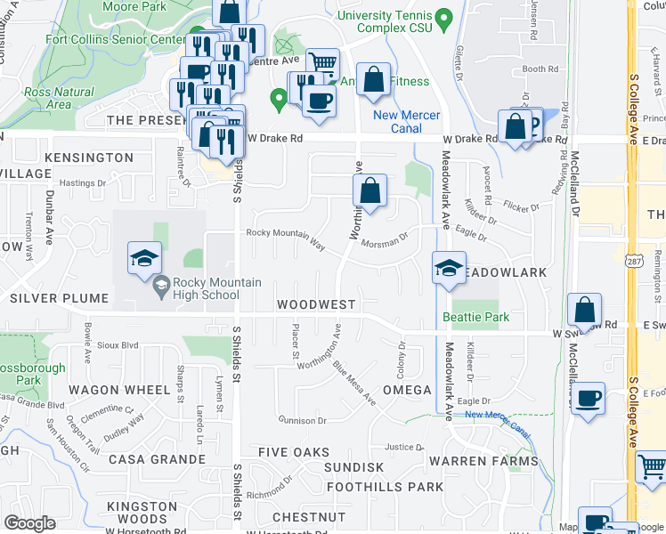 map of restaurants, bars, coffee shops, grocery stores, and more near 2913 Worthington Avenue in Fort Collins