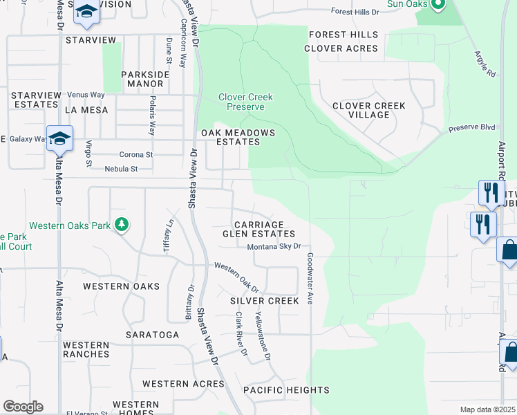 map of restaurants, bars, coffee shops, grocery stores, and more near 4095 Aspen Springs Court in Redding