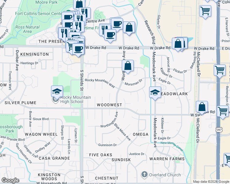 map of restaurants, bars, coffee shops, grocery stores, and more near 2913 Worthington Avenue in Fort Collins
