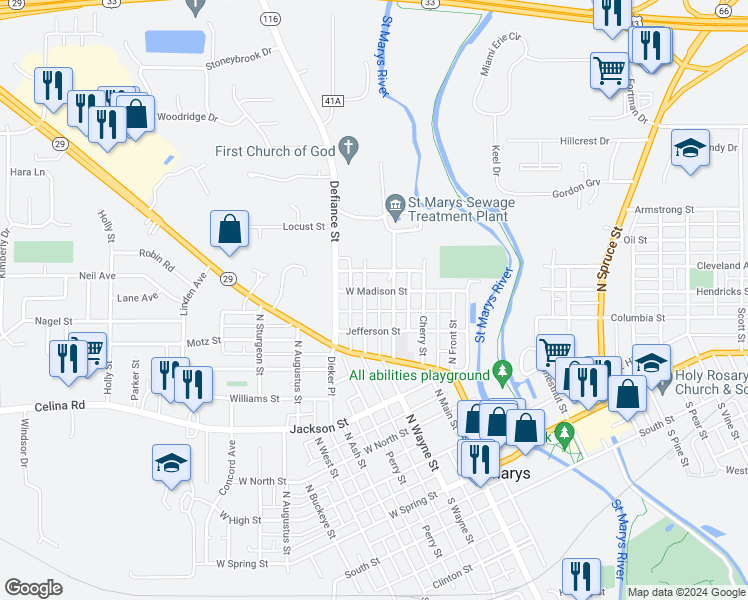 map of restaurants, bars, coffee shops, grocery stores, and more near 236 Lynn Street in Saint Marys