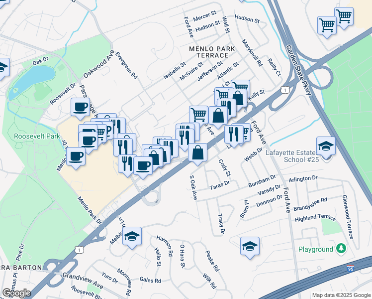 map of restaurants, bars, coffee shops, grocery stores, and more near 402 North Lafayette Road in Metuchen