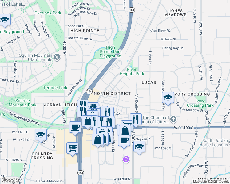 map of restaurants, bars, coffee shops, grocery stores, and more near 3744 Mandrake Way in South Jordan