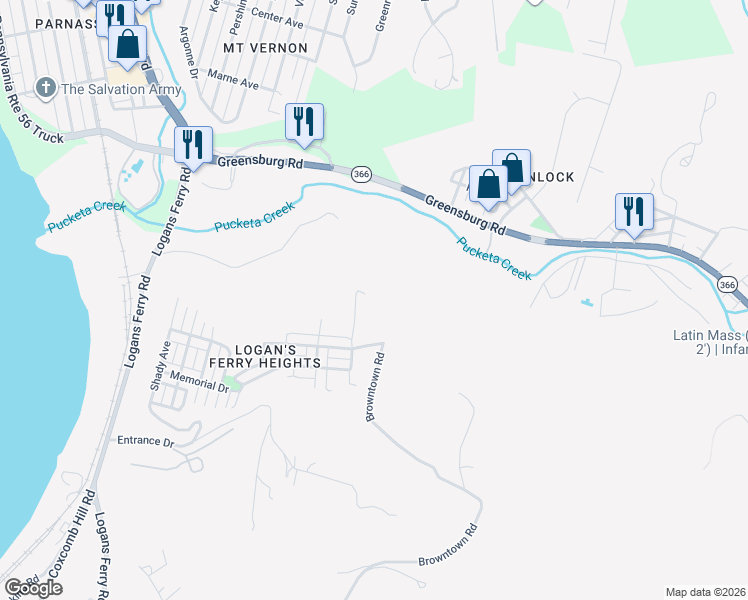 map of restaurants, bars, coffee shops, grocery stores, and more near 201 Strong Hill Road in New Kensington