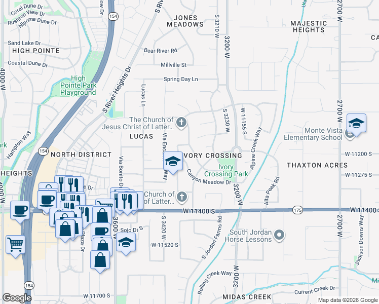 map of restaurants, bars, coffee shops, grocery stores, and more near 11188 Black Hawk Drive in South Jordan
