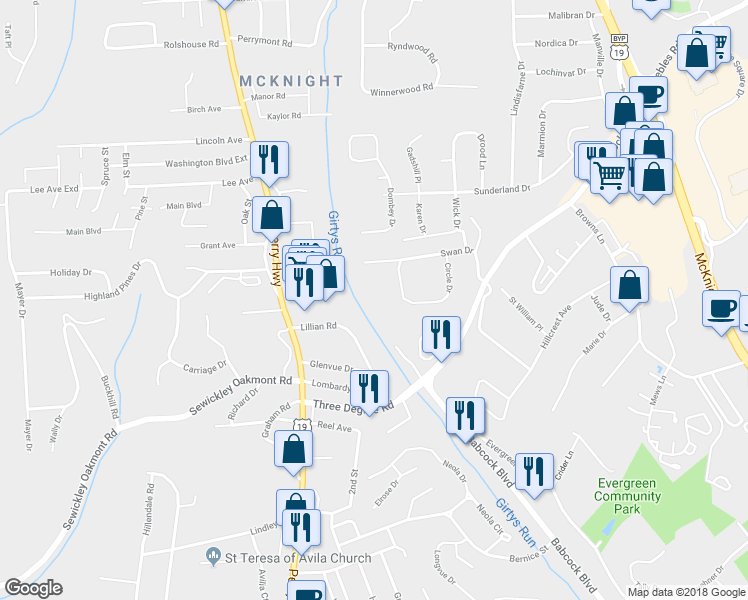 map of restaurants, bars, coffee shops, grocery stores, and more near 124 Circle Drive in Pittsburgh