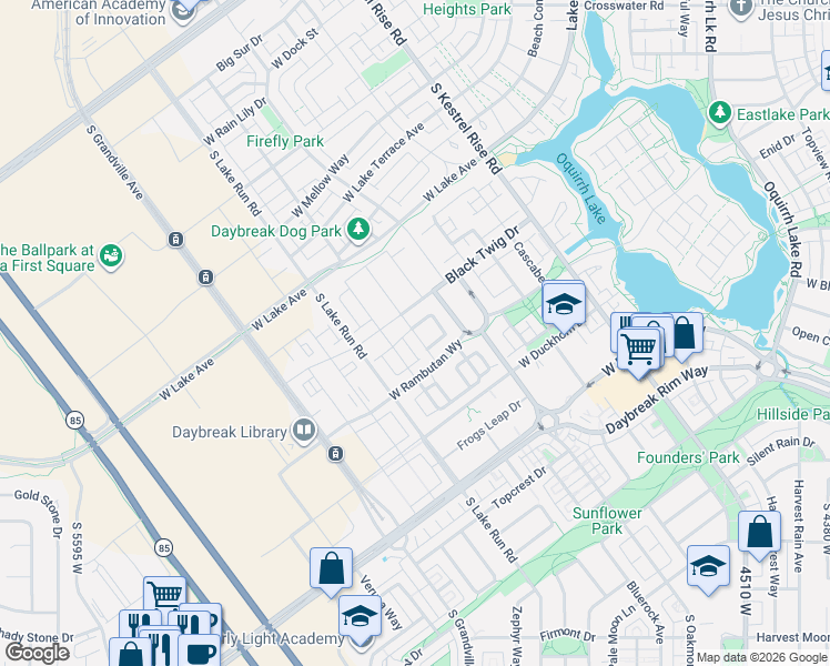 map of restaurants, bars, coffee shops, grocery stores, and more near 11103 Kiwano Way in South Jordan