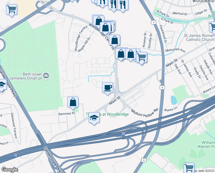 map of restaurants, bars, coffee shops, grocery stores, and more near 1515 Plaza Drive in Woodbridge Township
