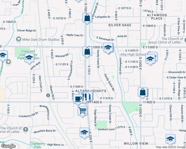 map of restaurants, bars, coffee shops, grocery stores, and more near in Sandy